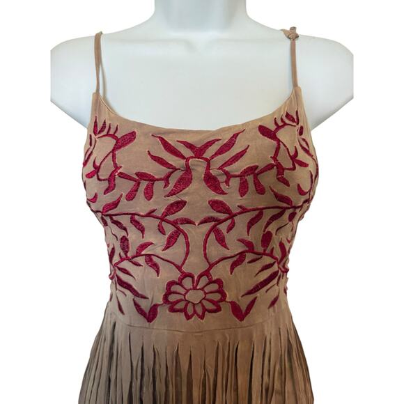 POL Beige Fringe Suede Boho Adj Straps Red Embroidery Bodice Dress L - Picture 4 of 11